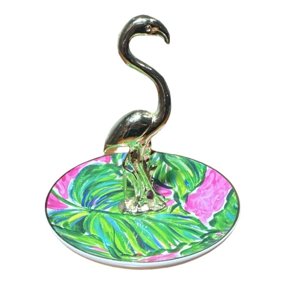 Lilly Pulitzer Painted Palm Ring Holder Flamingo Porcelain Round Dish Trinket - Picture 4 of 5